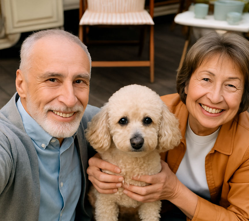 An older couple walking their dog in a Harmony community